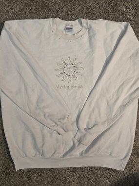 Myrtle Beach White Crewneck Sweatshirt with Rhinestone Sun Accent
